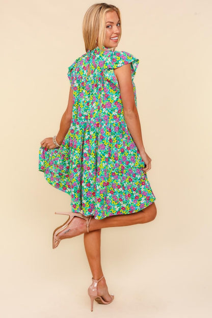 Haptics Frilled Mock Neck Ditsy Floral Dress