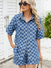 Checkered Shirt and Shorts Denim Set -