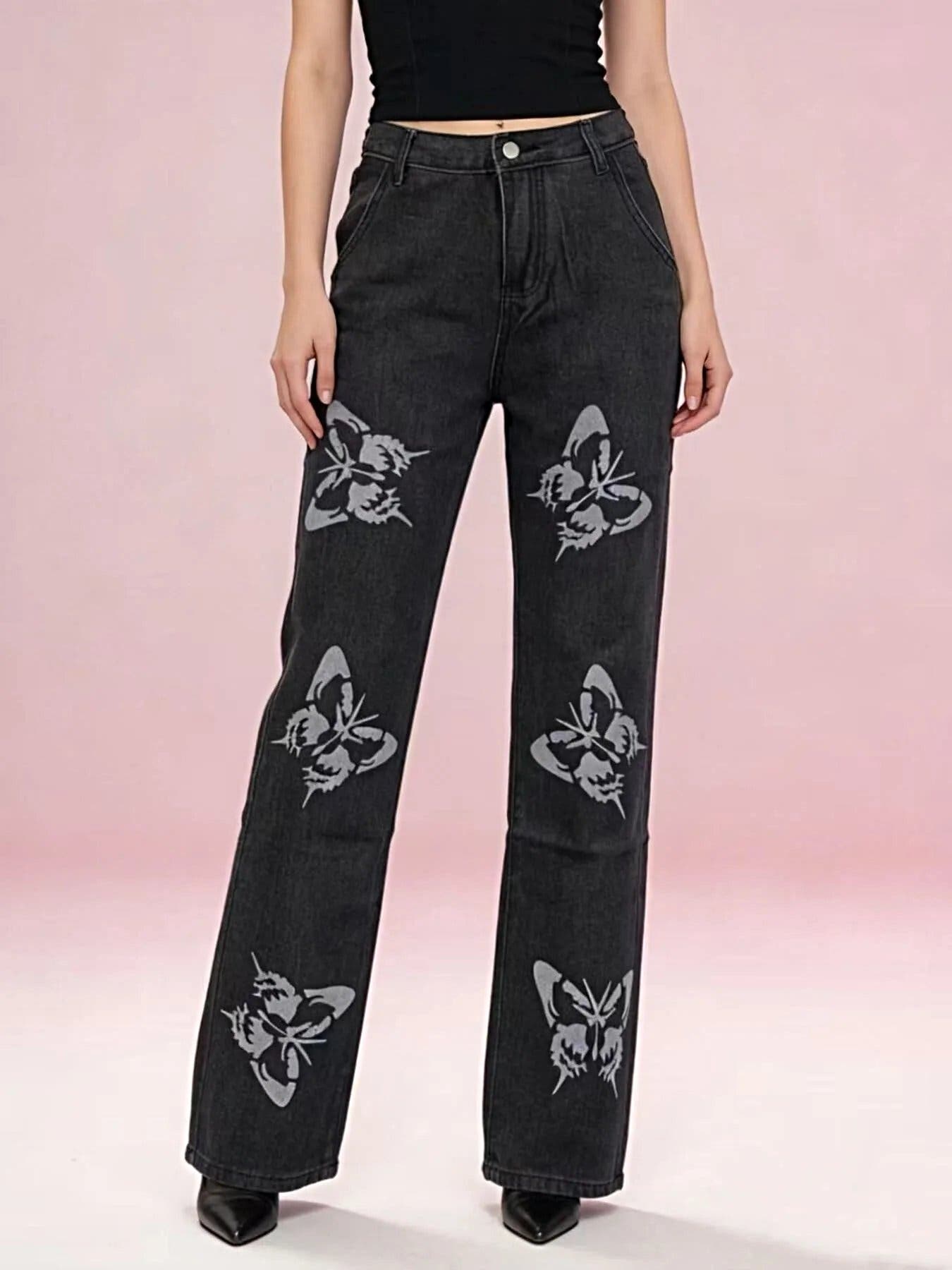 Butterfly Print High-Waisted Wide Leg Jeans -