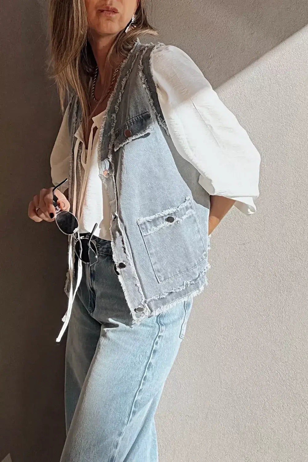 Frayed Edge Flap Pockets Denim Vest Jacket -