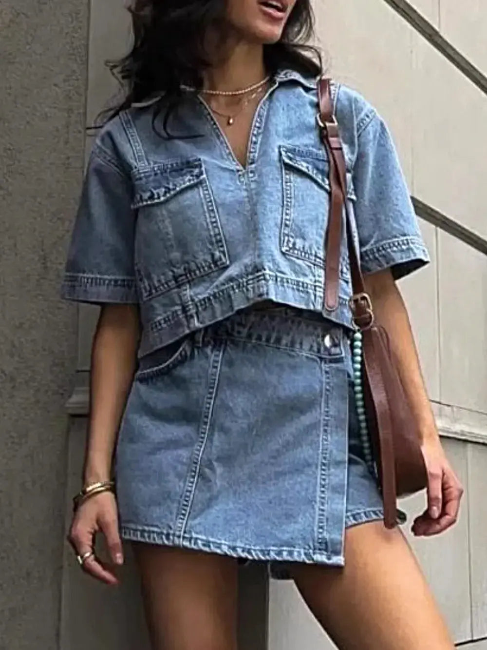 Johnny Collar Short Sleeve Top and Skort Denim Set -
