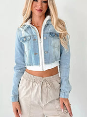 Distressed Zip Up Cropped Hooded Denim Jacket -