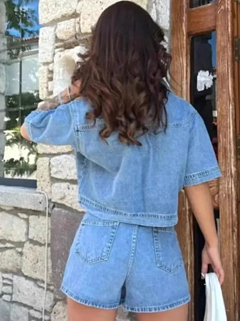 Johnny Collar Short Sleeve Top and Skort Denim Set -