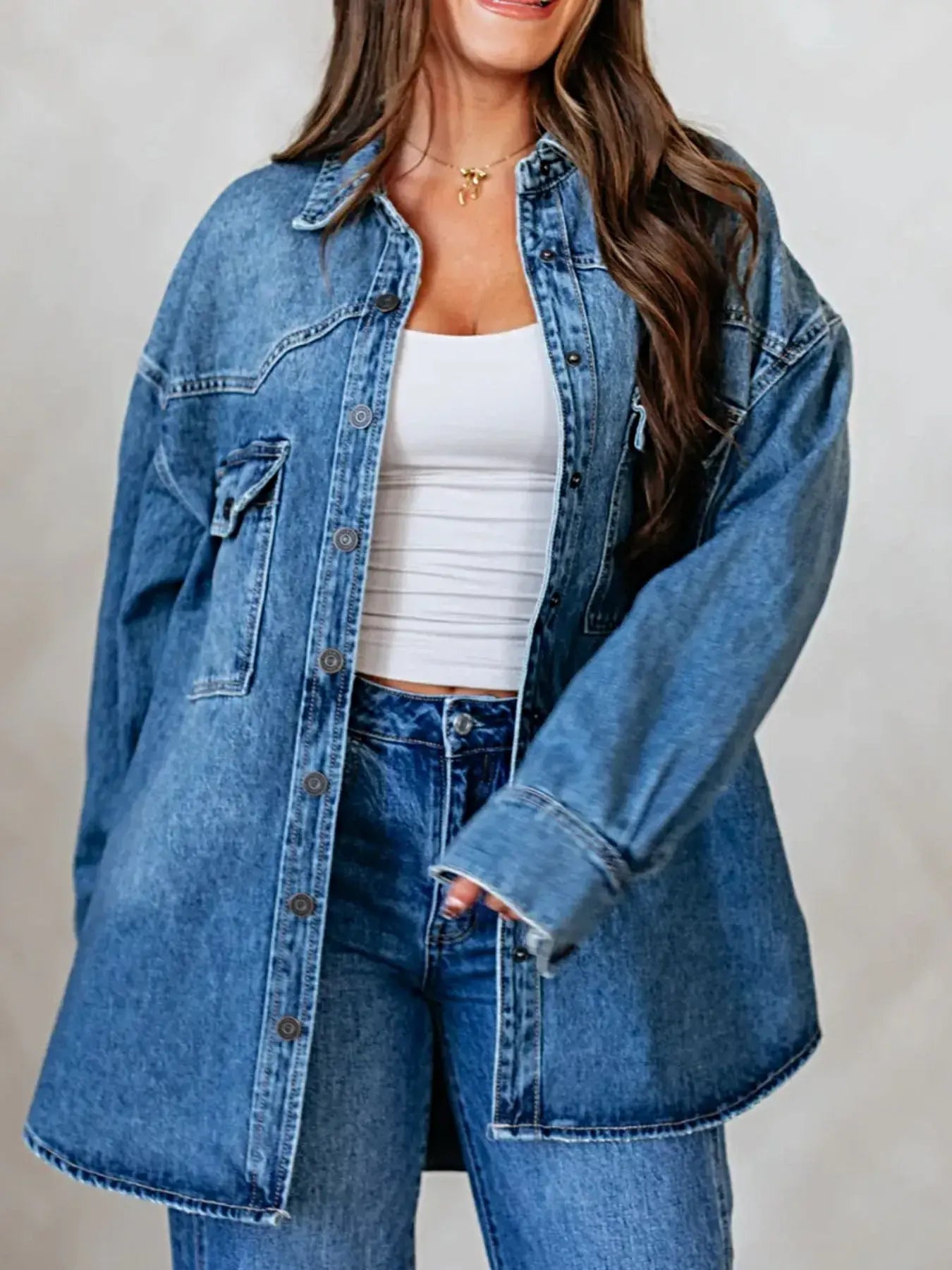 Snap Down Dropped Shoulder Denim Jacket -