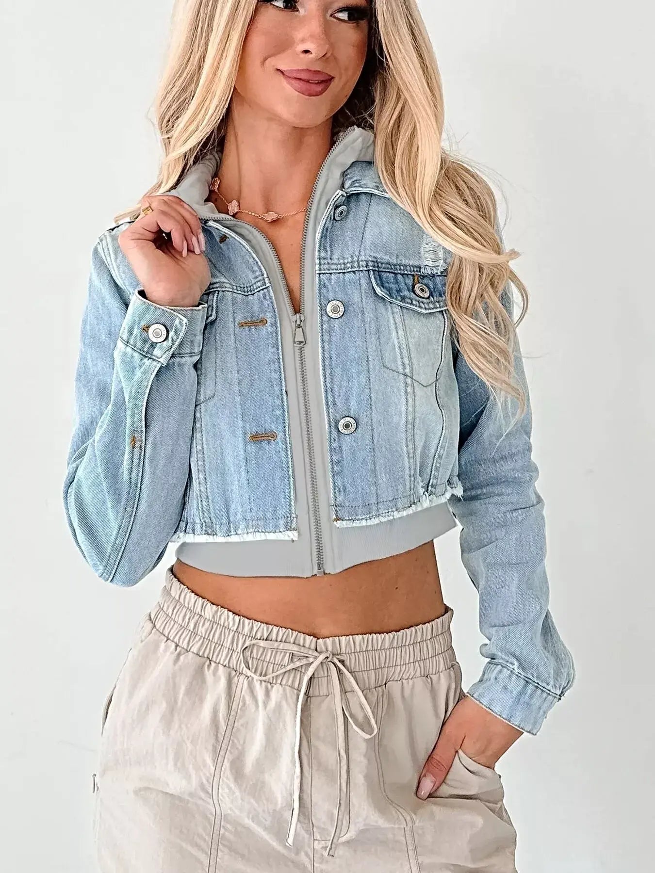 Distressed Zip Up Cropped Hooded Denim Jacket -