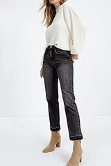 High-Waisted Distressed Hem Straight Leg Jeans -