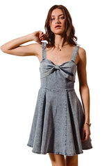 SO ME Mineral Washed Bow Ribbon Denim Flare Dress -