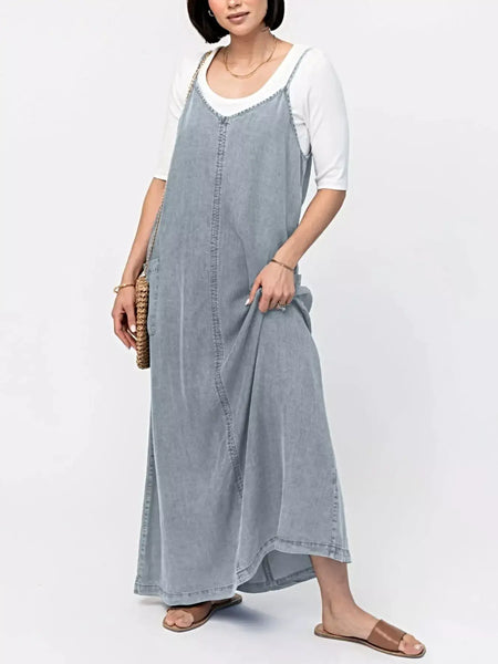 Casual Washed Denim Cami Maxi Dress -