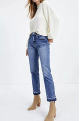 Whiskered Wash Raw Hem Cropped Jeans -