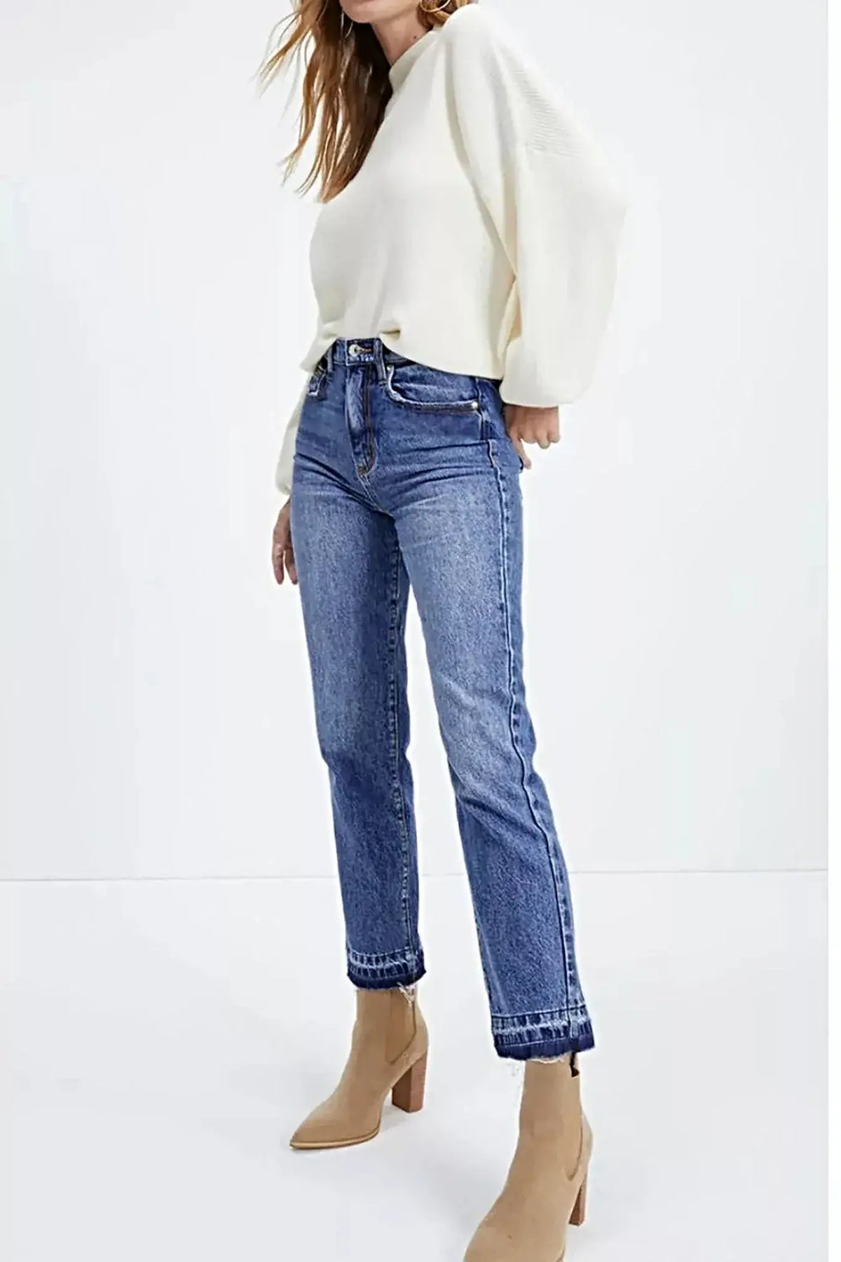 Whiskered Wash Raw Hem Cropped Jeans -