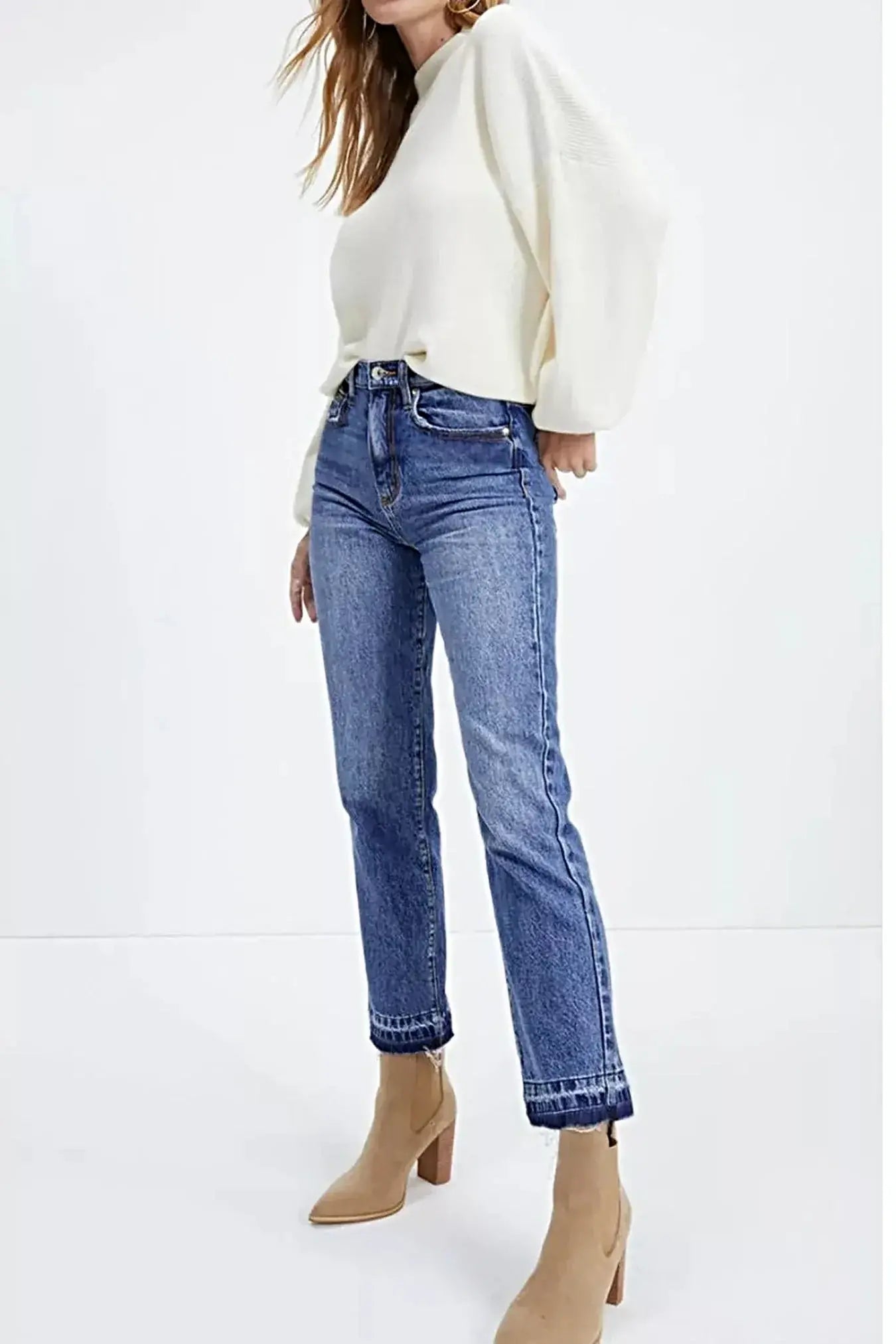 Whiskered Wash Raw Hem Cropped Jeans -