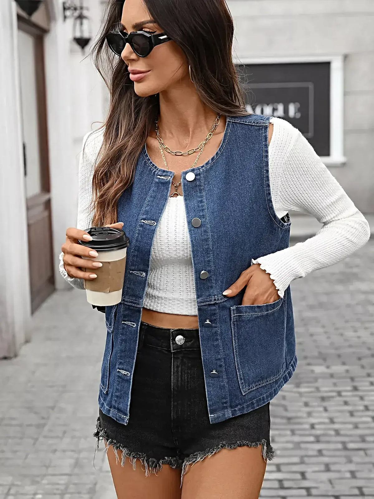 Chic Denim Button Vest with Pockets - Slightly Stretchy, Premium Rayon Blend