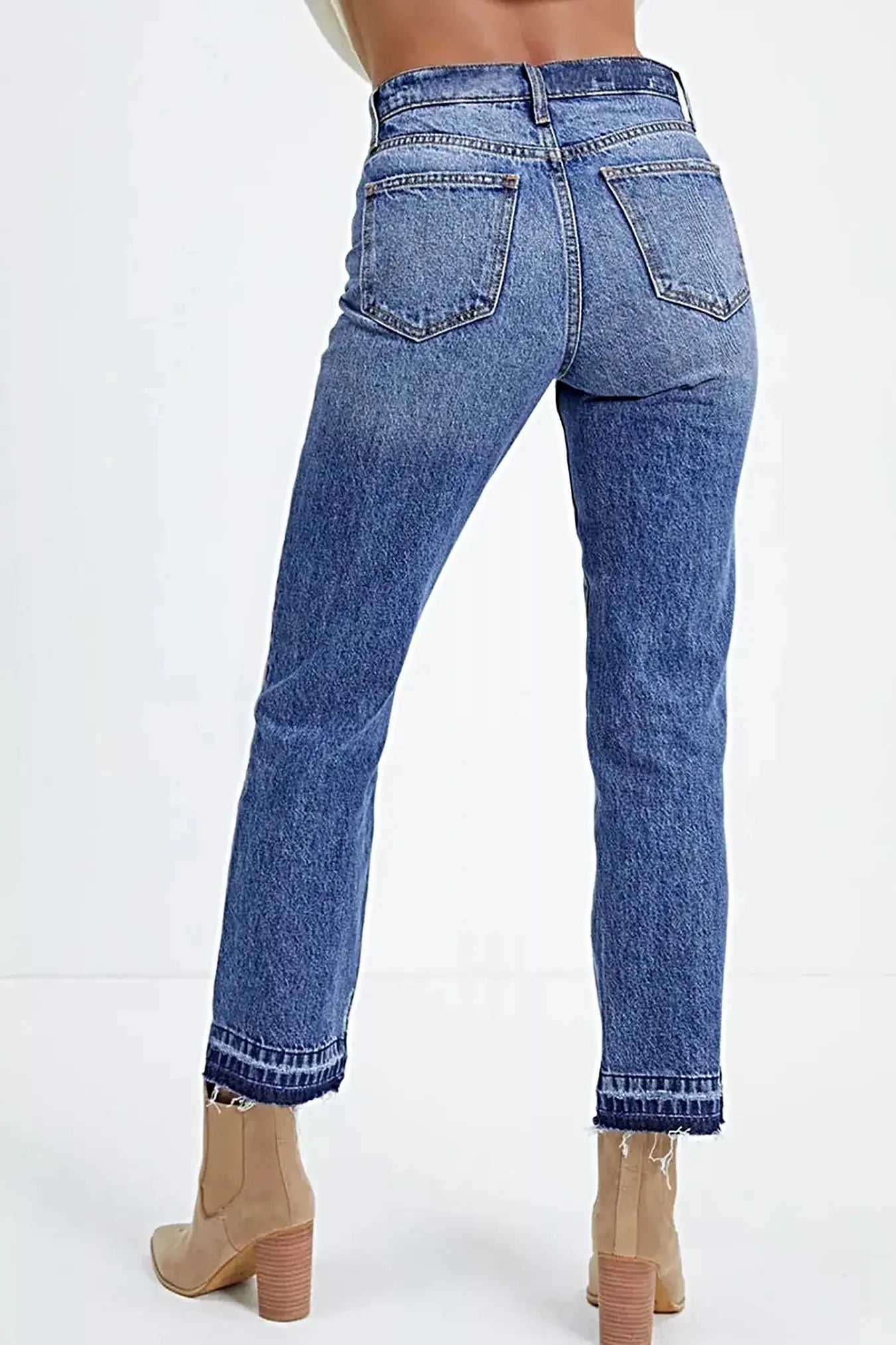 Whiskered Wash Raw Hem Cropped Jeans -