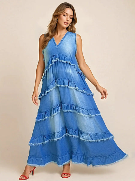 Raw Hem Layered Denim Maxi Dress -