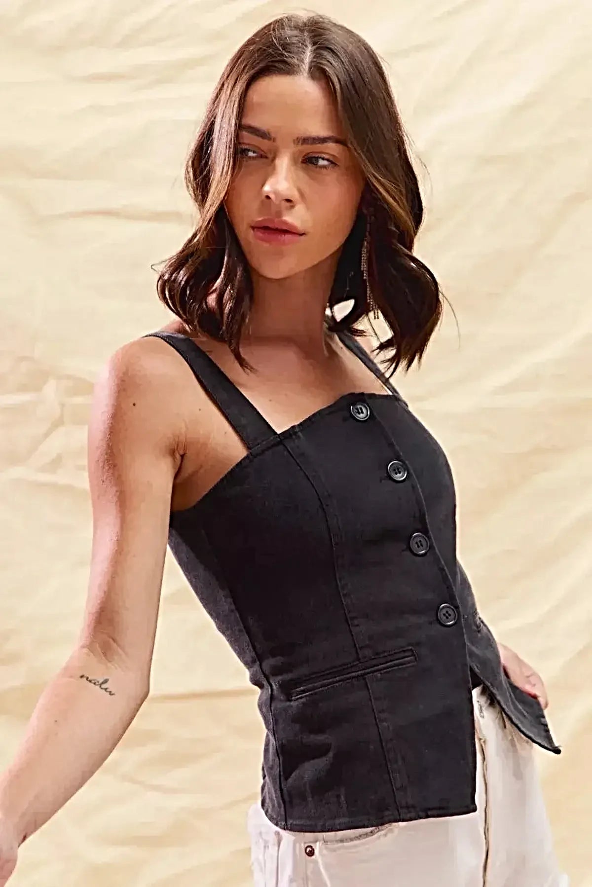 SO ME Button Down Sleeveless Game Day Fitted Denim Top -
