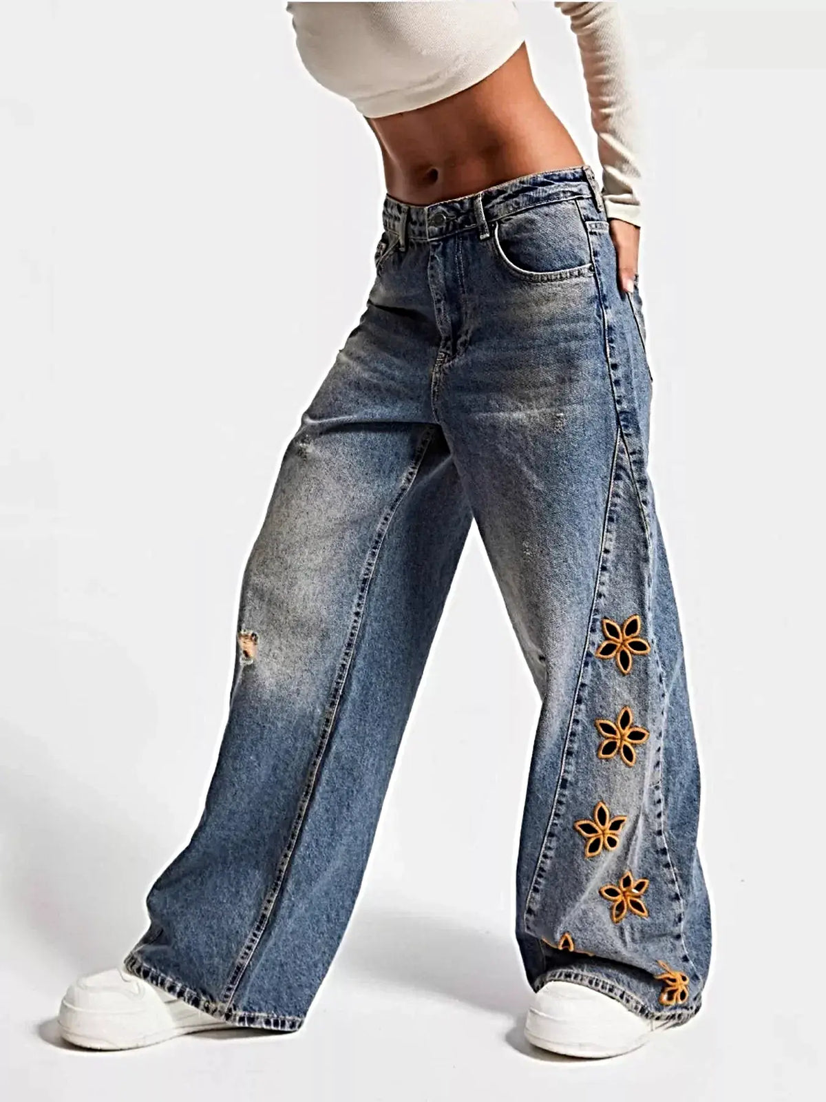Floral Embroidered Wide Leg Jeans -
