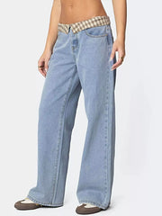 Plaid Trim Wide Leg Jeans -