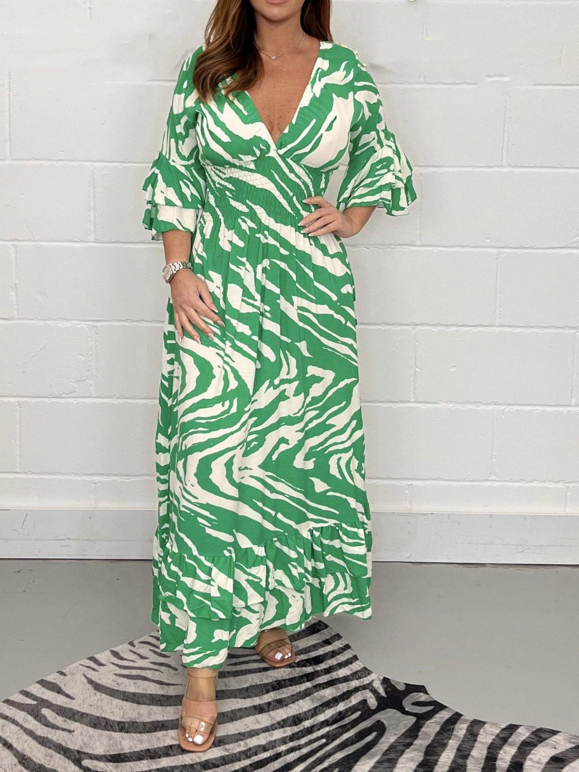 Smocked Printed Flounce Sleeve Maxi Dress