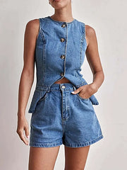 Button Down Vest and Shorts Denim Set -