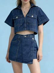 Short Sleeve Cropped Top and Skort Denim Set -
