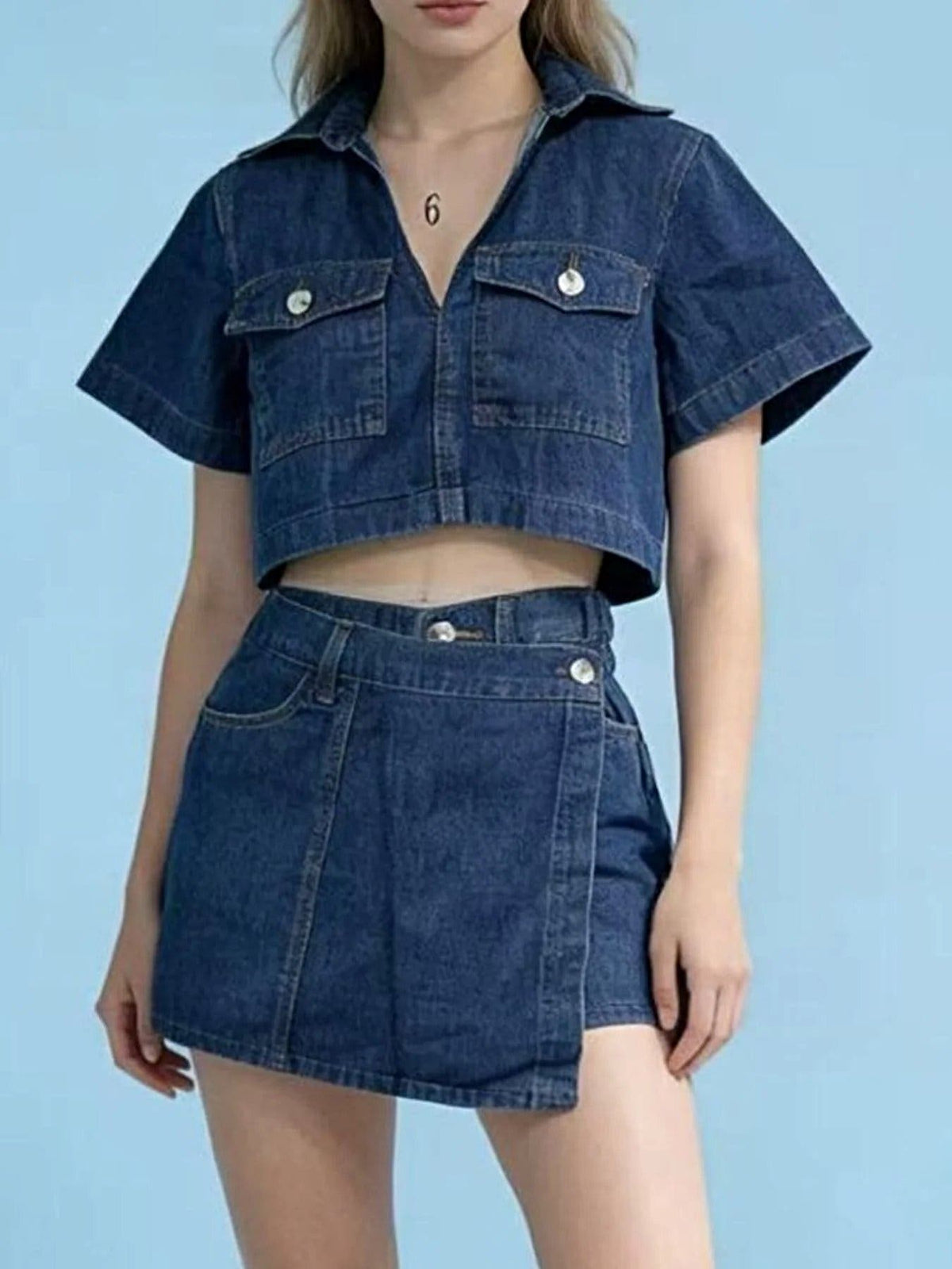 Short Sleeve Cropped Top and Skort Denim Set -