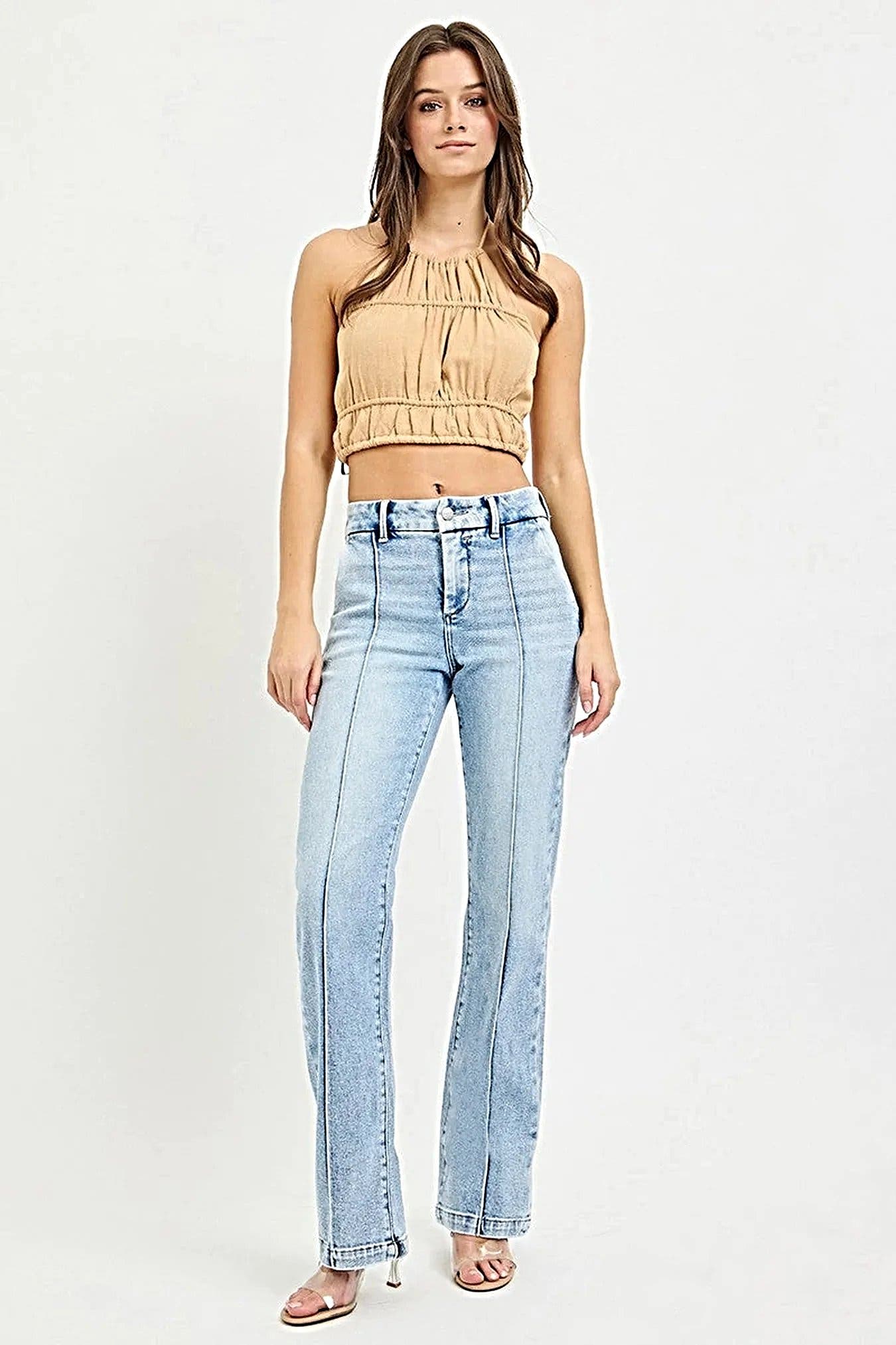 RISEN Tummy Control High Rise Straight Pin Tuck Jeans -