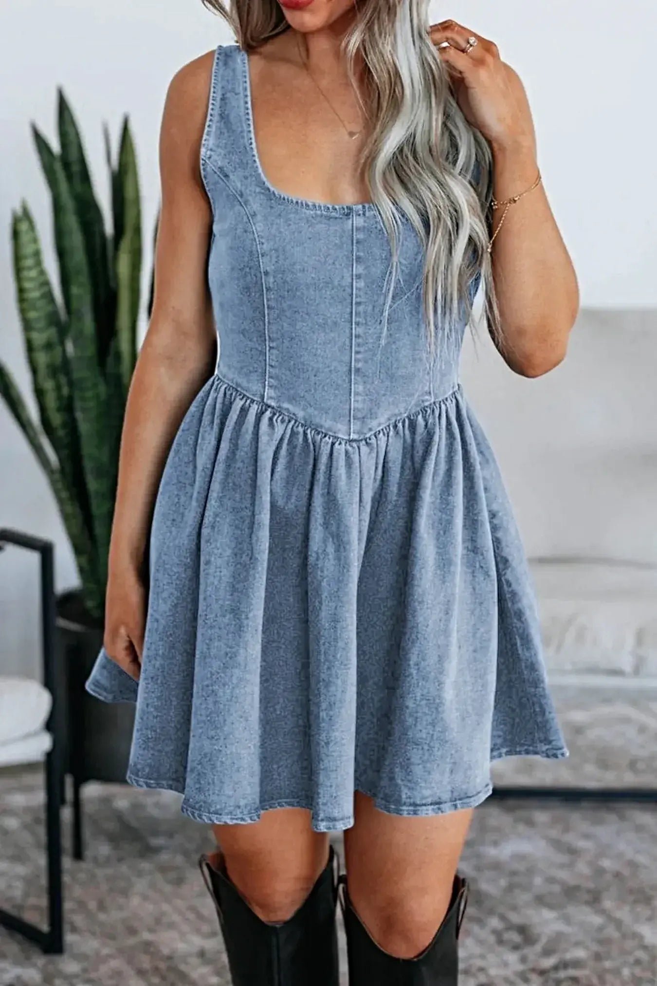 V-Back Bow Tie Denim Skater Dress -