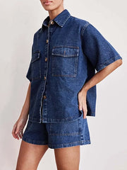 Button Up Short Sleeve Top and Shorts Denim Set -