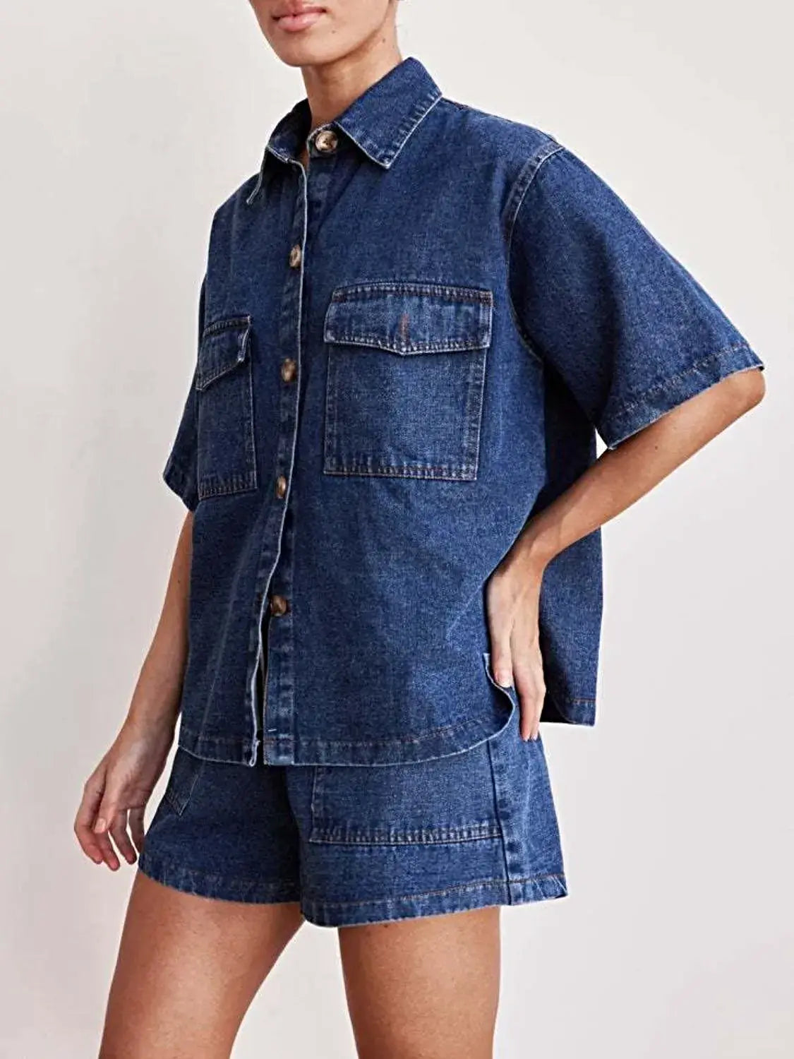 Button Up Short Sleeve Top and Shorts Denim Set -
