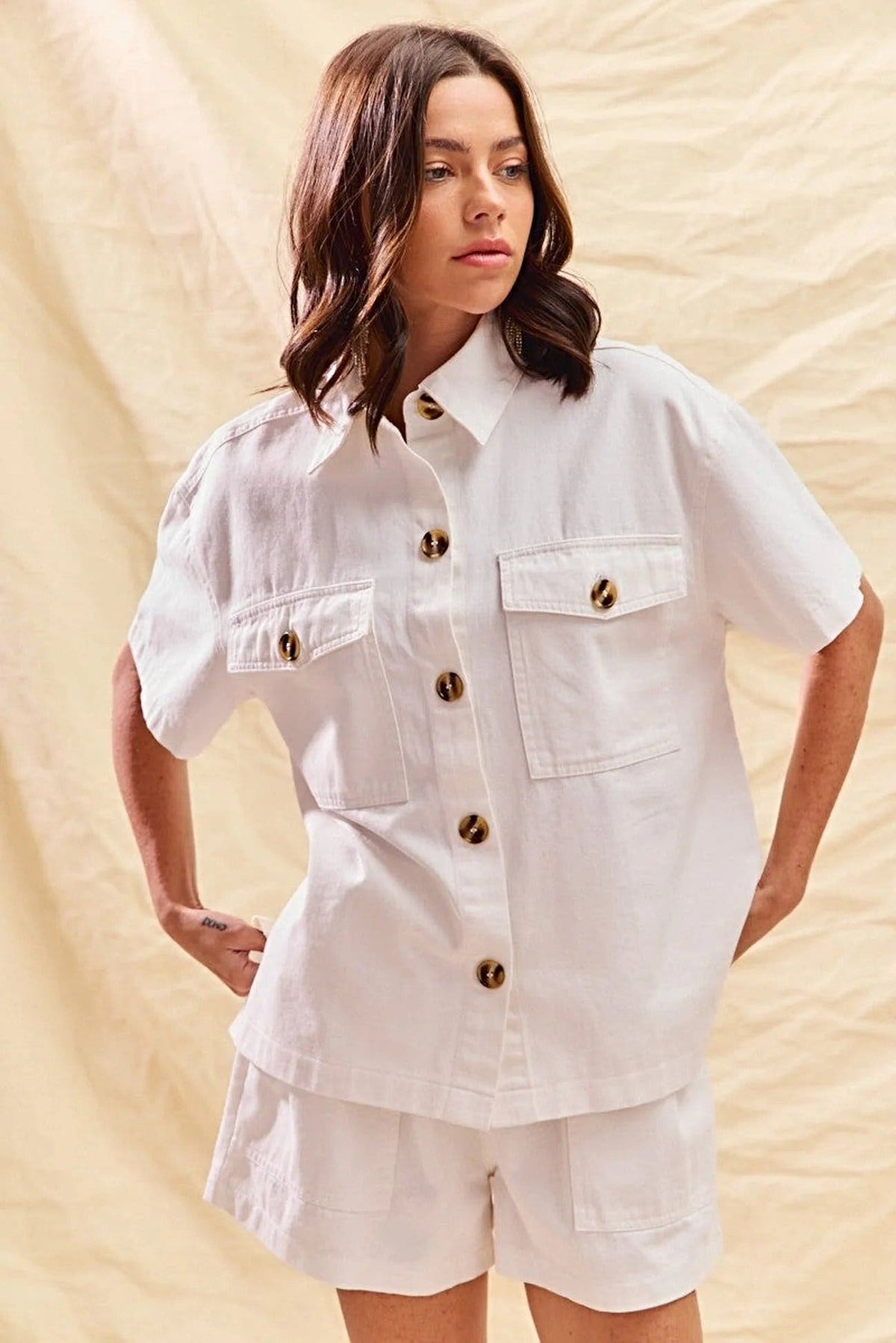 Chic Casual Spring Outfit: SO ME Button Down Denim Shirt and Shorts Set by Trendsi -