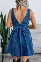 V-Back Bow Tie Denim Skater Dress -
