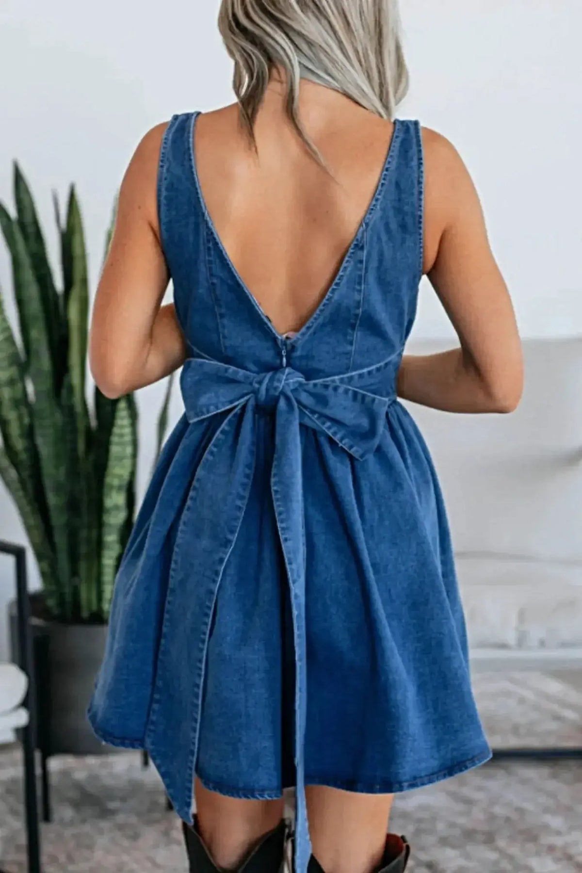 V-Back Bow Tie Denim Skater Dress -