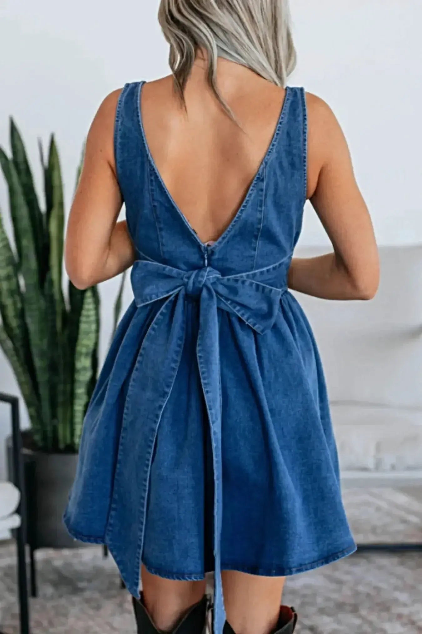 V-Back Bow Tie Denim Skater Dress -