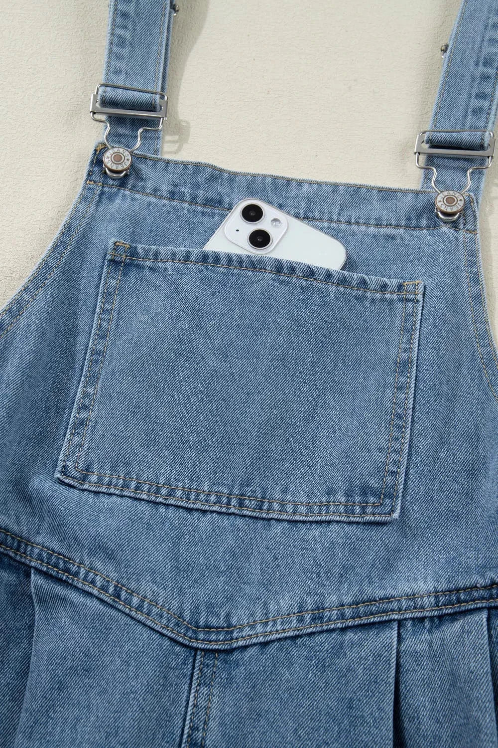 Pleated Wide Leg Retro Pocketed Denim Jumpsuit -