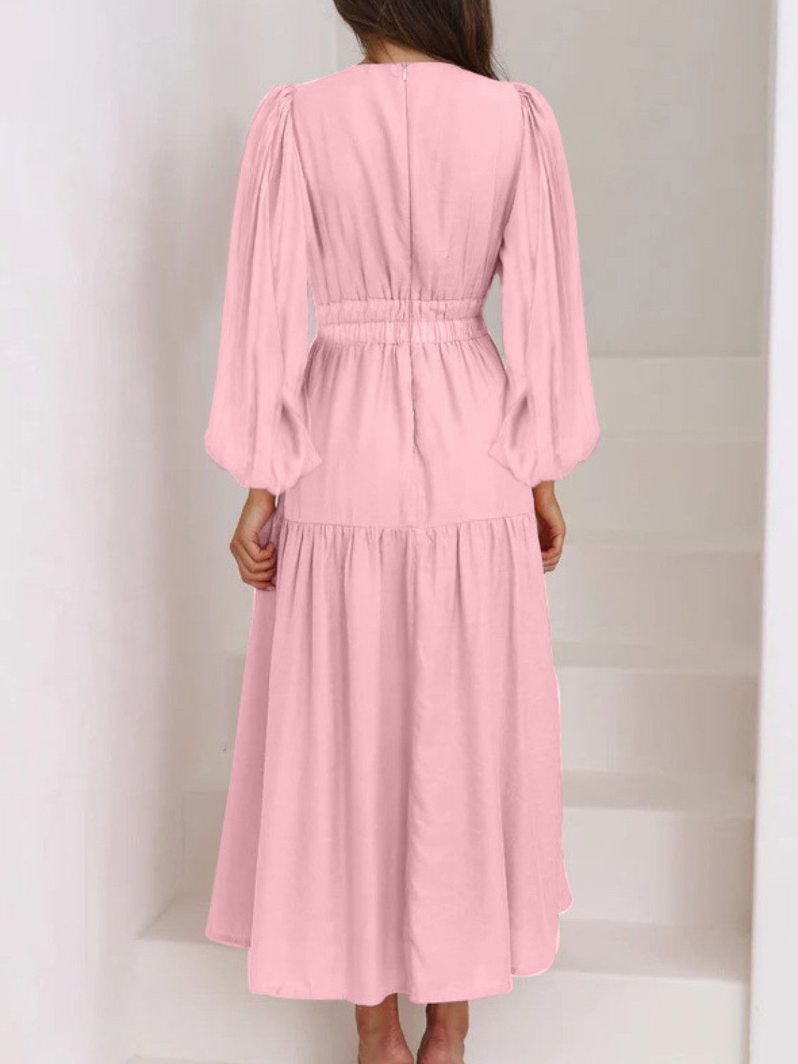 Deep V-Neck Balloon Sleeve Plain Maxi Dress