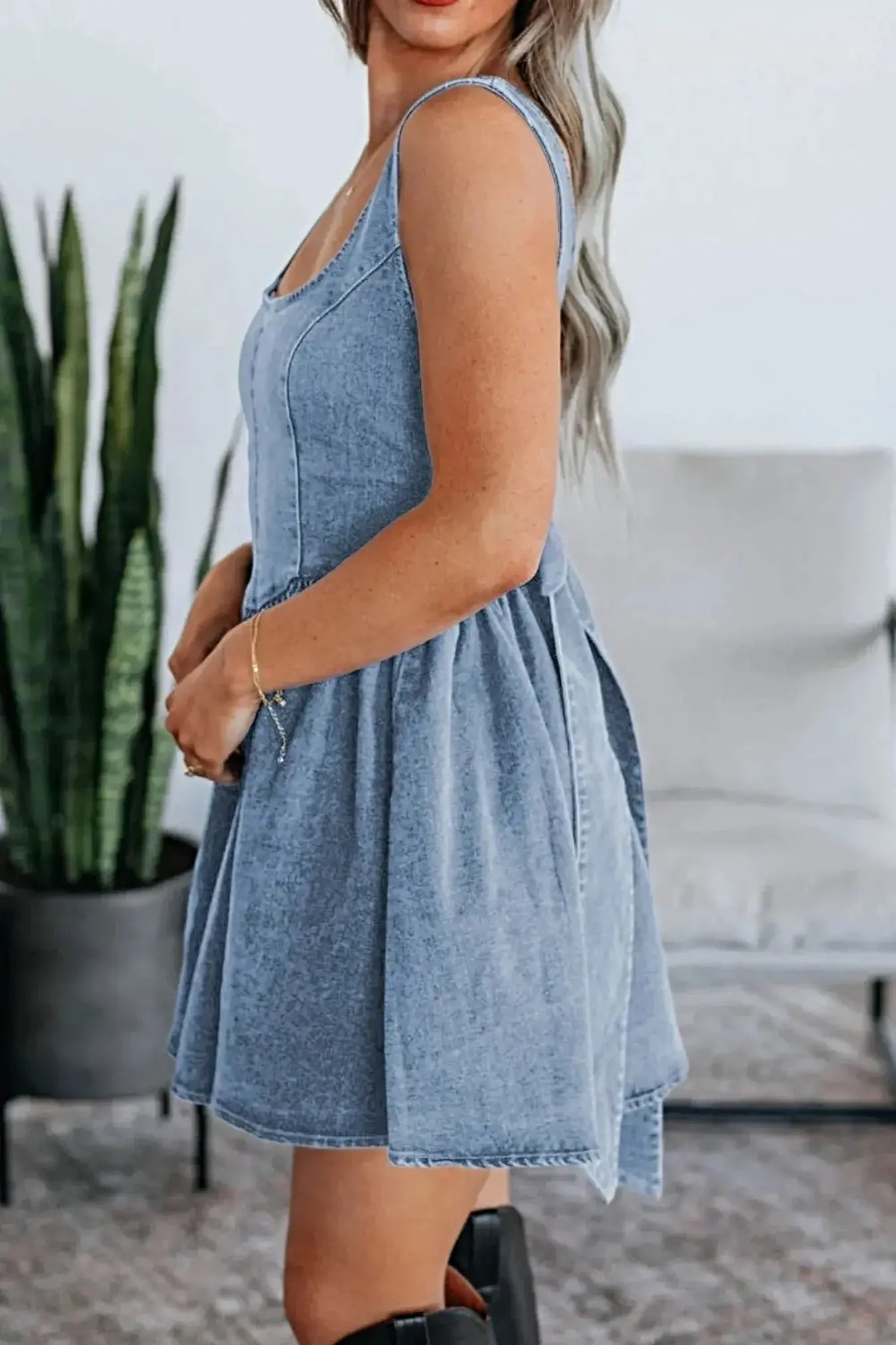 V-Back Bow Tie Denim Skater Dress -