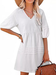 Casual V-Neck Puff Sleeve Denim Mini Dress -