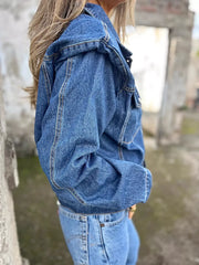 Plus Size Button Up Chest Pockets Denim Jacket -