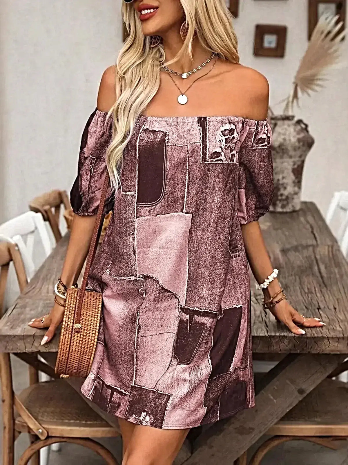 Elegant Off Shoulder Denim Dress - Patchwork Design, Classic Mini Style, 100% Polyester -