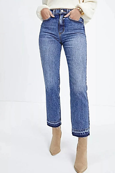 Whiskered Wash Raw Hem Cropped Jeans -
