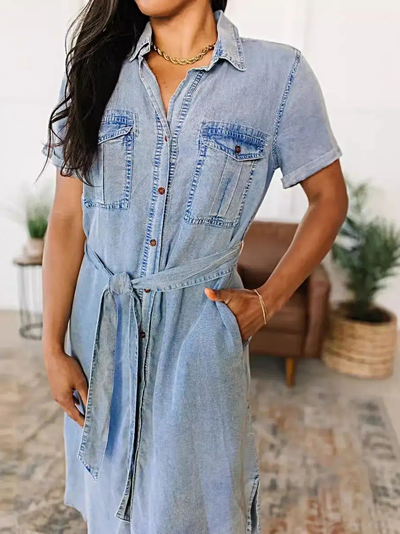 Button Front Short Sleeve Denim Dress -
