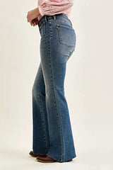 Judy Blue Mid Rise Flare Jeans with Front Flap Pockets -