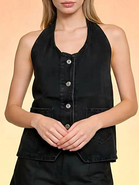 Halter Neck Button-Down Denim Vest -