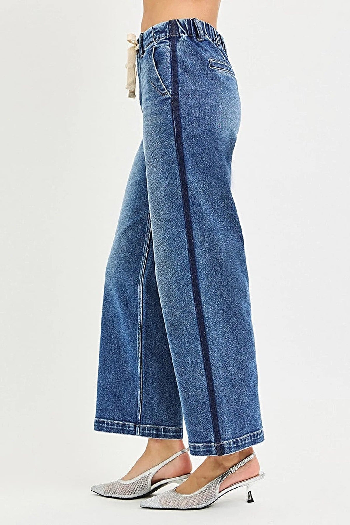 RISEN Elastic Band High Rise Cropped Wide Jeans -