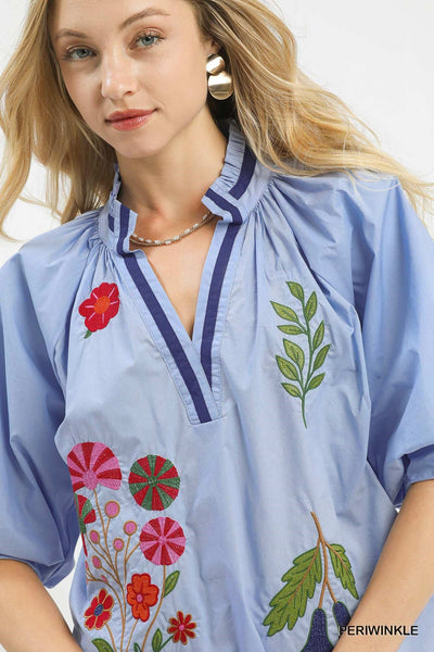 Umgee Embroidered Floral V-Neck Blouse -