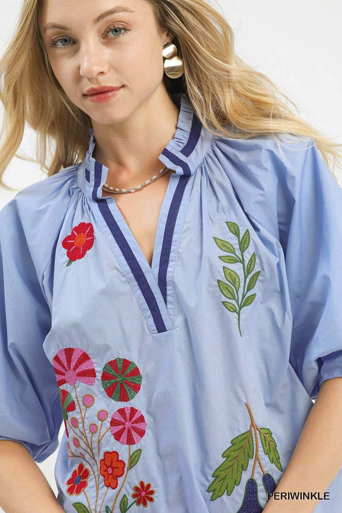 Umgee Embroidered Floral V-Neck Blouse -