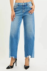 RISEN Full Size Slouchy Cropped Barrel Jeans with Contrast Wash Plus Size -