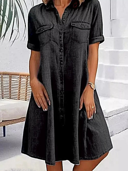 Full Size Button-Front Short Sleeve Denim Dress Plus Size -