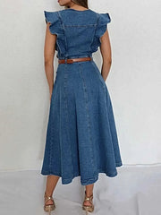 Button-Front Ruffle Sleeve Denim Midi Dress -