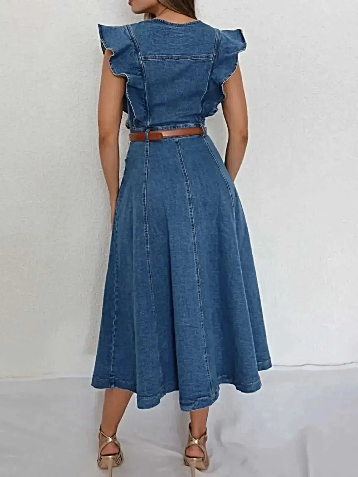 Button-Front Ruffle Sleeve Denim Midi Dress -